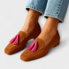 Iris - Bruna loafers med rosa tofsar