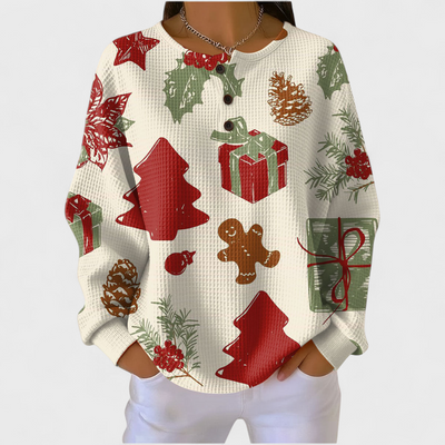 Adrienne - Pull crème à motifs de fêtes
