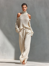 Vendela - Stickat set i beige med vida byxor