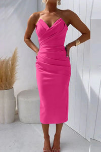 Robe midi Magner fuchsia, bustier drapé à encolure cœur et fronces sur la taille