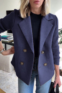 Blazer en maille croisée bleu marine à double boutonnage, revers châle, manches longues côtelées