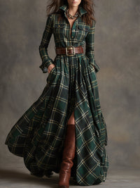 Robe-chemise ceinturée à carreaux verts, manches longues, fermeture boutonnée, jupe ample