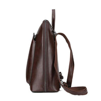 Sac à dos classique marron foncé, vue latérale avec poche zippée et bandoulière