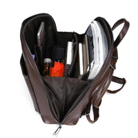 Sac à dos classique marron foncé, intérieur visible avec poches et fermeture zippée