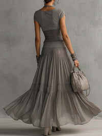 Ensemble gris : top manches courtes cintré et jupe longue en tulle froncé
