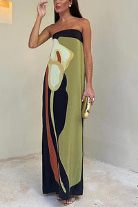 Robe longue bandeau, imprimé abstrait noir, vert clair et beige