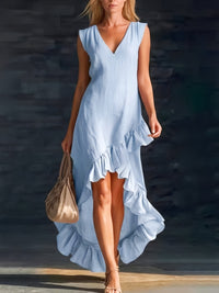 Robe bohème courte Sienna bleu clair à volants, encolure V, sans manches