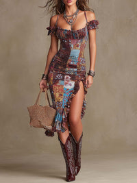 Robe midi bohème à épaules dénudées, imprimé fleuri multicolore, fente latérale