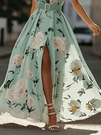 Robe longue trapèze vert clair imprimé fleurs, une épaule, fente devant, ceinture