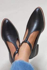 Chaussures élégantes à barrette noir, bride fine et bout cuir