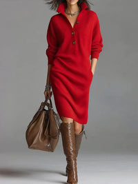 Robe-pull rouge à col V boutonné, manches longues, coupe droite