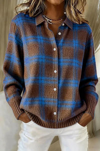 Gilet long en maille à carreaux bleu et marron, col chemise boutonné