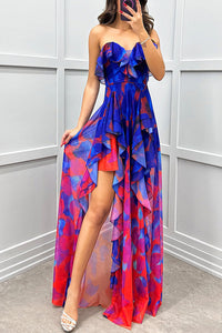 Robe longue fluide à volants, bustier sans bretelles, imprimé bleu-rose, fente