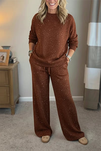 Ensemble décontracté marron à paillettes : pull manches 3/4 et pantalon ample à cordon