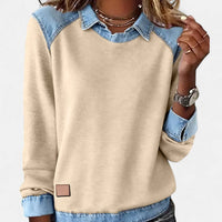 Pull col chemise Rachel beige, empiècements denim aux épaules et poignets, patch carré
