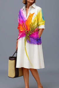 Robe midi chemise blanche à impression aquarelle multicolore, col, boutons, manches 3/4.