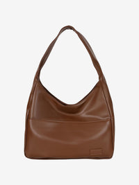 Sac porté épaule marron en simili cuir, anse courte, ouverture supérieure arrondie.