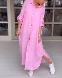 Robe-chemise rose fuchsia avec boutons devant, col chemise, fente sur le côté