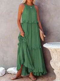 Robe Ilona dos nu à volants, vert, sans manches, jupe longue à volants en cascade