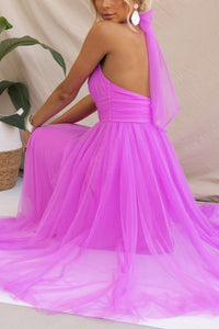 Robe midi Phoebe en tulle fuchsia, dos nu, bretelles fines, jupe longue ample
