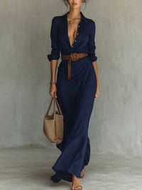 Robe longue bleue marine à manches longues, col V, boutons, ceinture marron