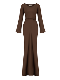 Robe longue marron cintrée, manches évasées, jupe fendue