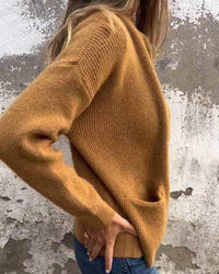 Cardigan en coton tricoté marron, col montant côtelé, manches longues, poches plaquées