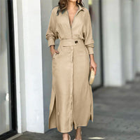 Robe longue élégante beige à col, manches longues retroussées, ceinture et fente latérale