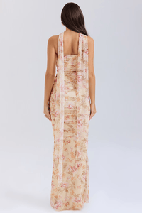 Robe midi beige à fleurs, vue de dos, empiècement doublé et lanières.