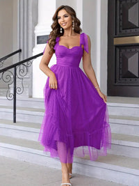 Robe de cérémonie mauve à bretelles, corsage ajusté, jupe mi-longue en tulle