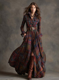 Robe-chemise ceinturée à carreaux rouge et bleu, manches longues, jupe ample, boutonnée