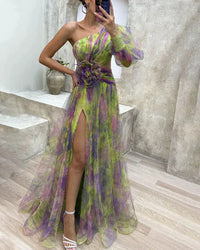 Robe longue asymétrique vert-jaune multicolore, bustier à une épaule, fente