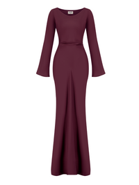 Robe longue bordeaux à encolure ronde, manches longues évasées et fronces à la taille.