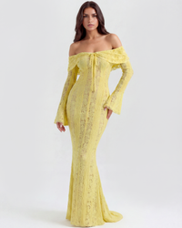 Robe longue Violaine jaune citron, épaules dénudées, manches bouffantes, coupe sirène.