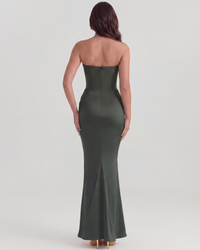 Robe longue vert foncé vue arrière, encolure et couture centrale, fente en bas