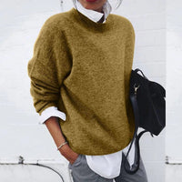 Pull en maille douce kaki à col rond, coupe ample, manches 3/4