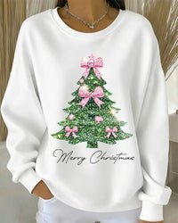Sweat blanc avec sapin de Noël vert scintillant, rubans roses et « Merry Christmas »