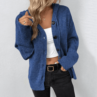 Cardigan chaud bleu à capuche, boutons noirs, poches, manches longues