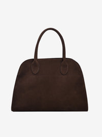 Sac en daim marron foncé avec anses en cuir et couture sur la partie avant