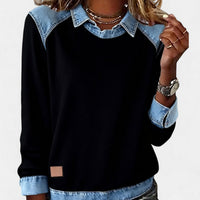 Pull à col chemise en molleton noir, col denim et poignets en denim avec étiquette cuir