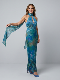 Robe longue Juniper dos nu bleu à motif abstrait, col montant avec longue ouverture