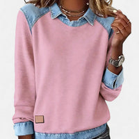 Pull col chemise Rachel rose, empiècements denim aux épaules et poignets, patch carré