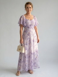 Robe midi fleurie lilas à manches volantées et col froncé