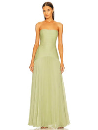 Robe longue sans manches vert clair, bustier bandeau et jupe plissée à plis fins