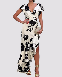 Robe midi cache-cœur floral noir et blanc, manches à volants et fermeture croisée au buste