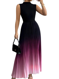 Robe de soirée sans manches, col montant, jupe plissée dégradé violet-rose, noir