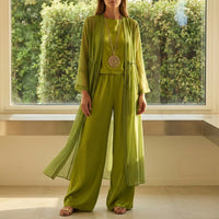 Ensemble vert olive : top avec motif rond, pantalon fluide et kimono long