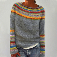 Pull rétro en maille gris à rayures multicolores sur le haut