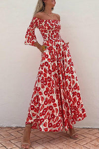 Robe longue rouge à épaules dénudées, imprimé lèvres, manches évasées à volants