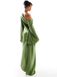 Robe longue asymétrique Asyntha vert olive, une épaule, drapé fluide, fente profonde